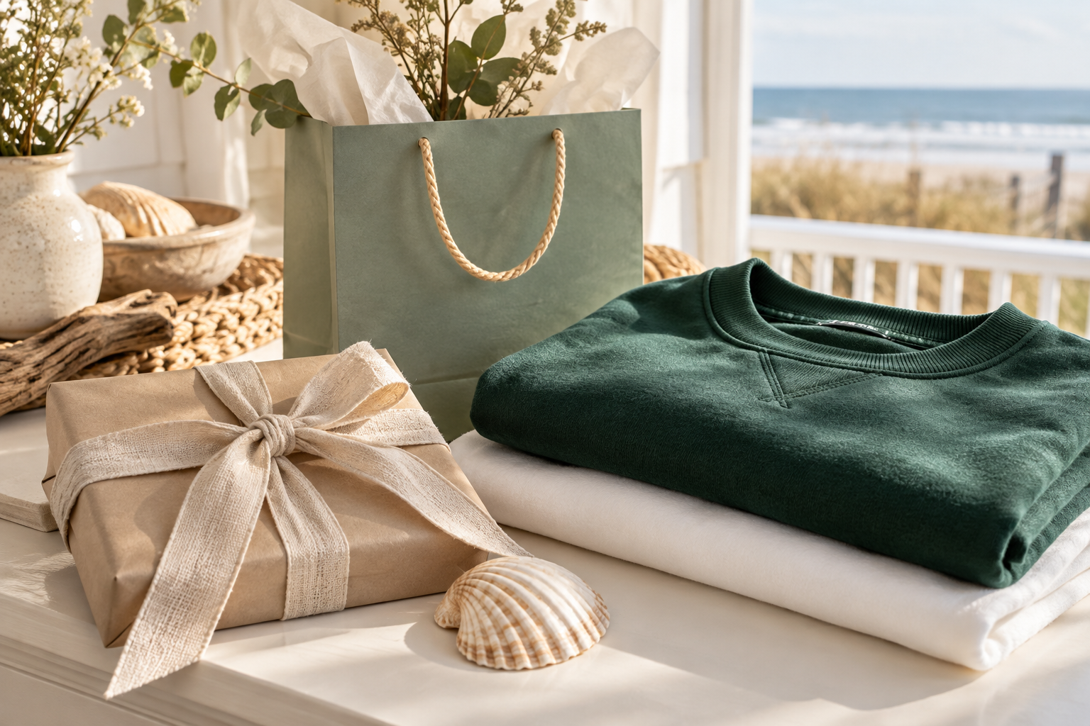 Illustrative gift display with a wrapped book and green game-day sweatshirt